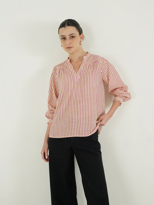 Viscose Striped V-Neck Top - Multi