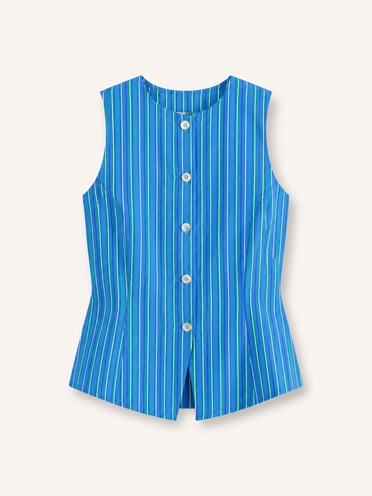 Cotton Striped Button Down Top - Blue
