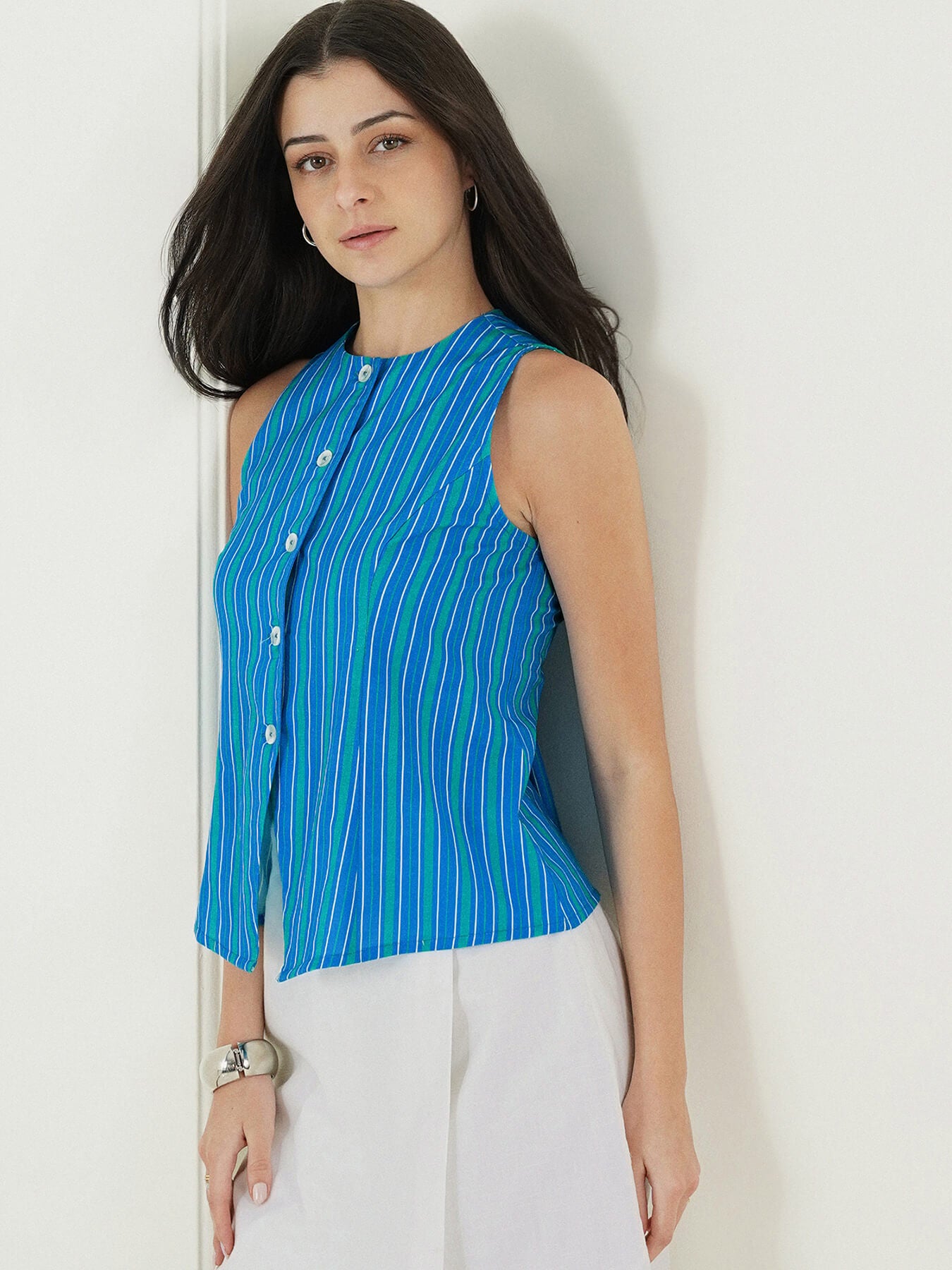 Cotton Striped Button Down Top - Blue