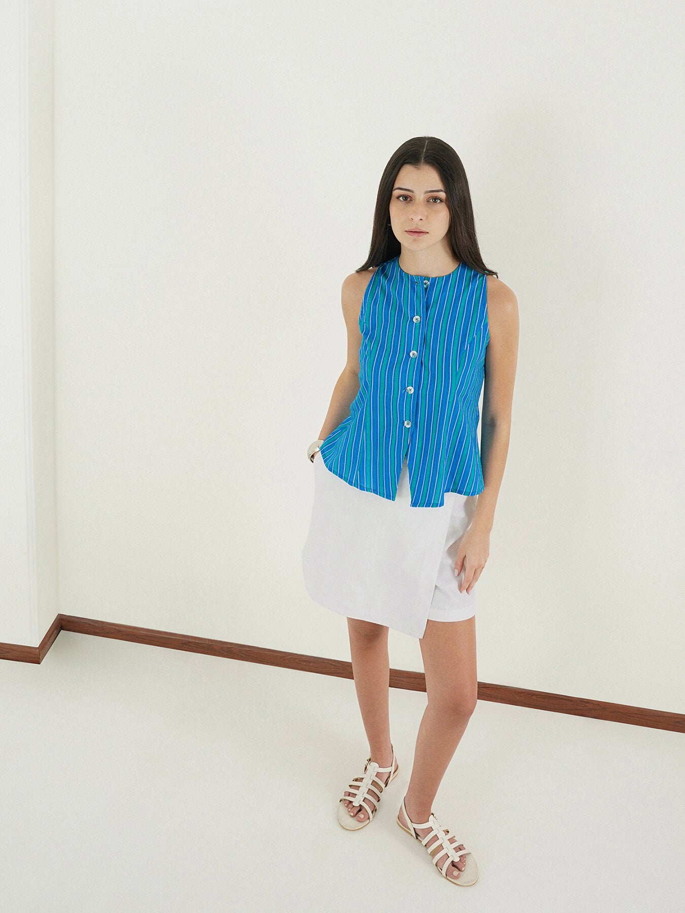 Cotton Striped Button Down Top - Blue