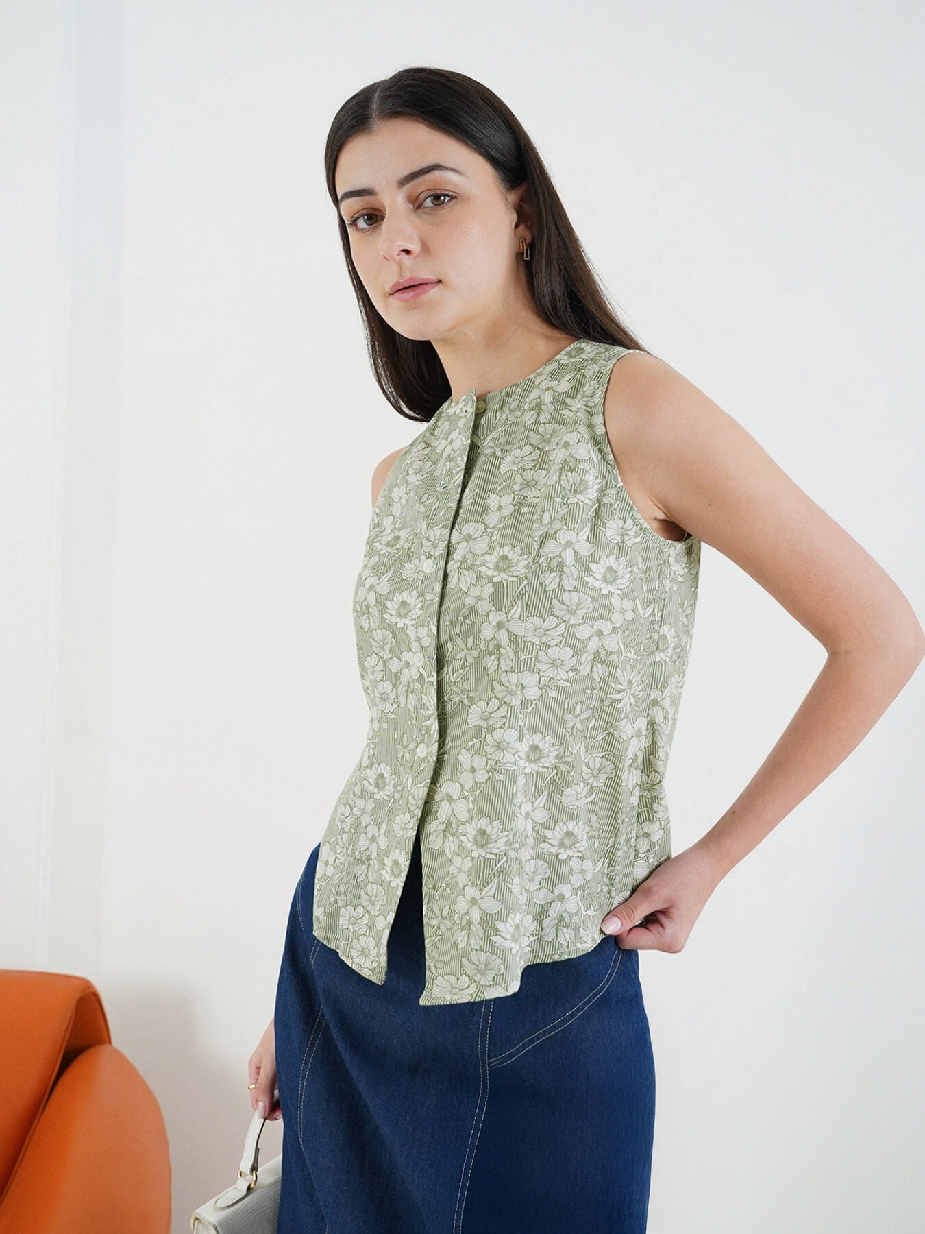 Cotton Button Down Top - Green