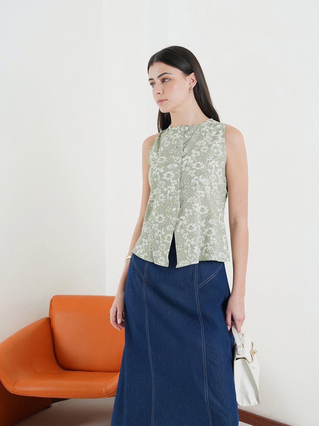 Cotton Button Down Top - Green