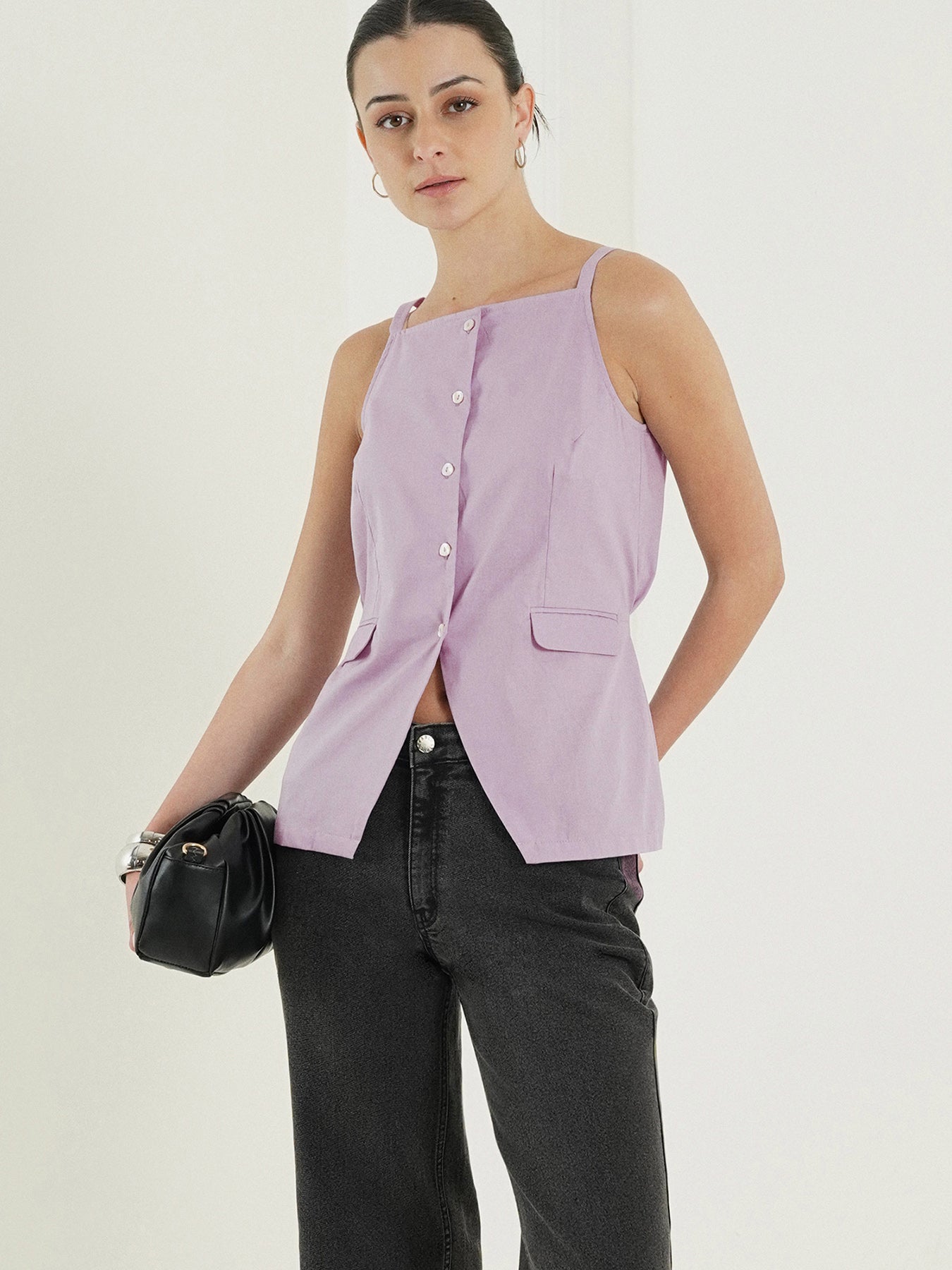 Cotton Button Down Top - Lavender