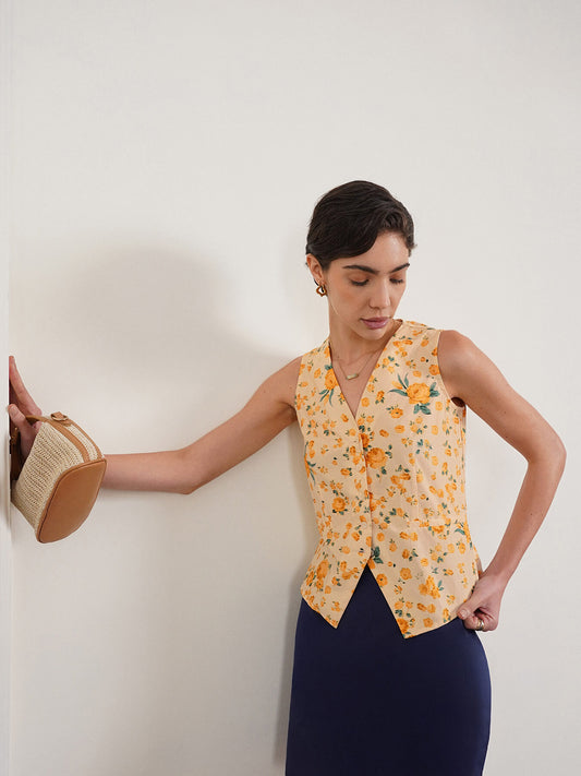 Cotton Floral V-Neck Top - Mustard