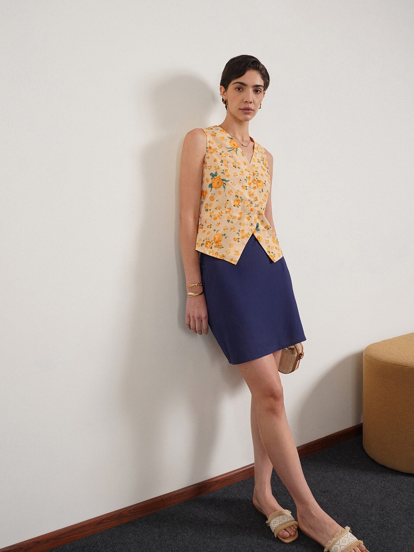 Cotton Floral V-Neck Top - Mustard