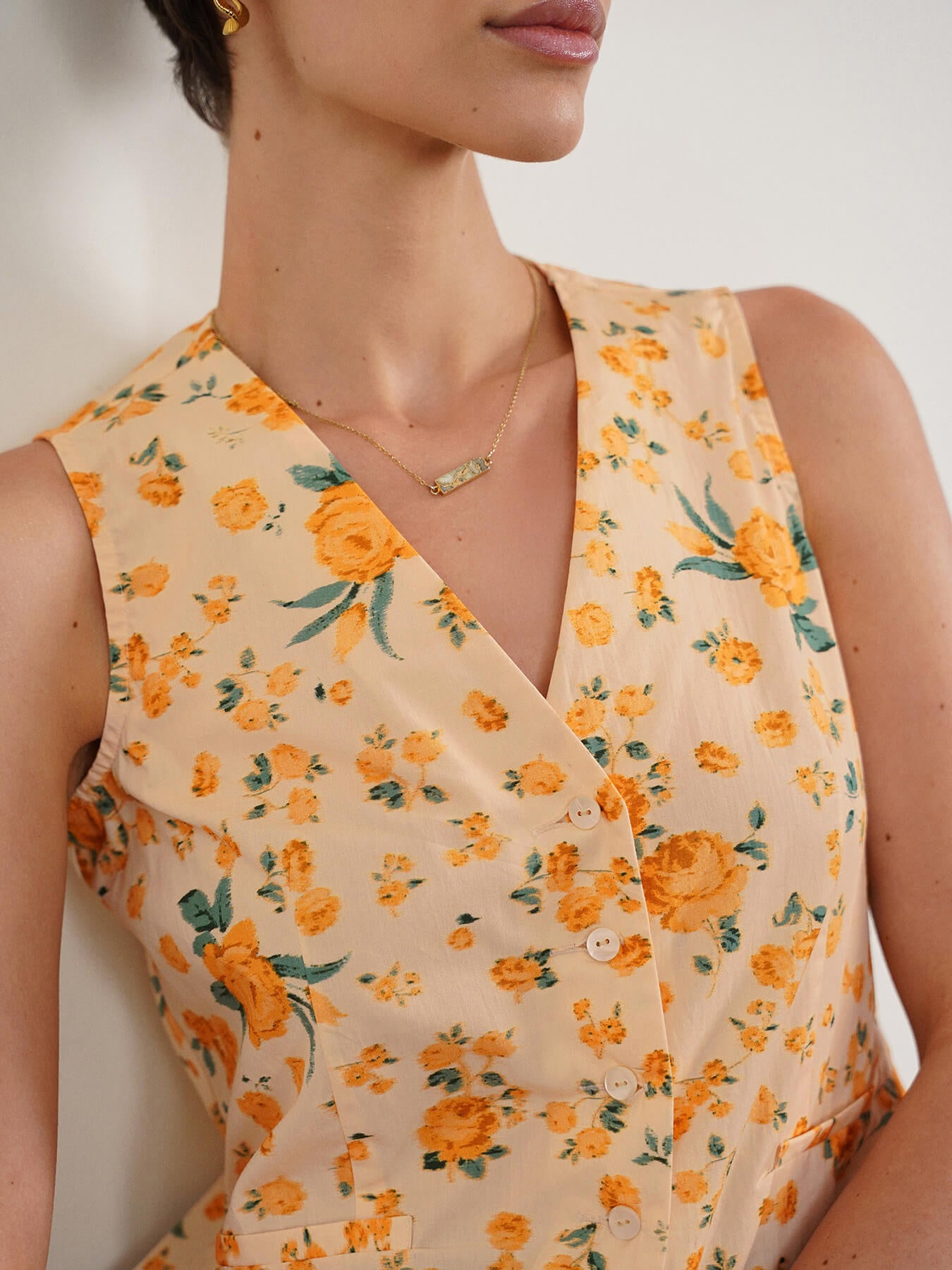 Cotton Floral V-Neck Top - Mustard