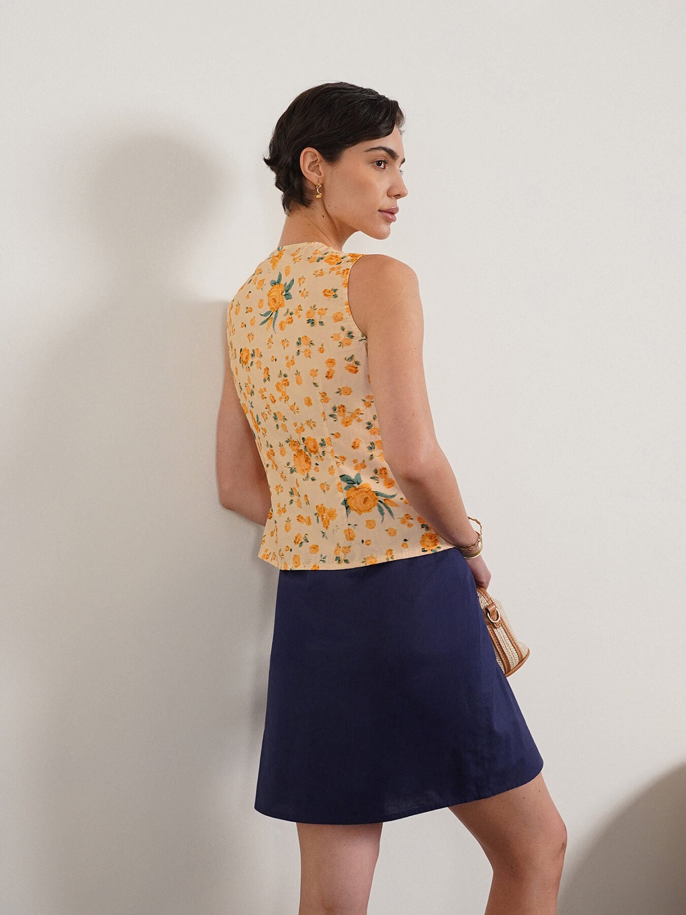 Cotton Floral V-Neck Top - Mustard