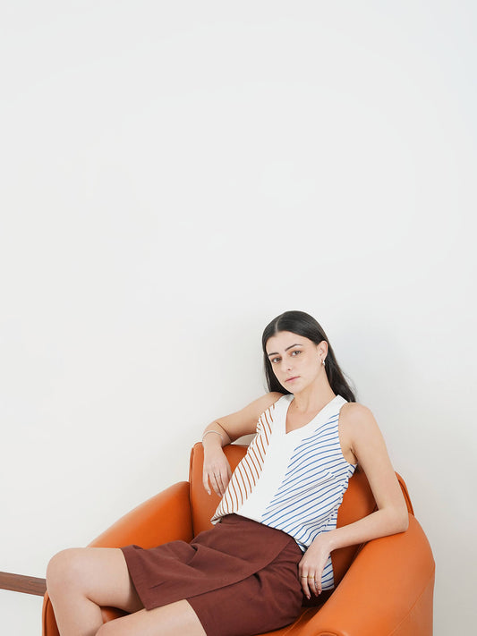 Cotton Striped V-Neck Top - Off White