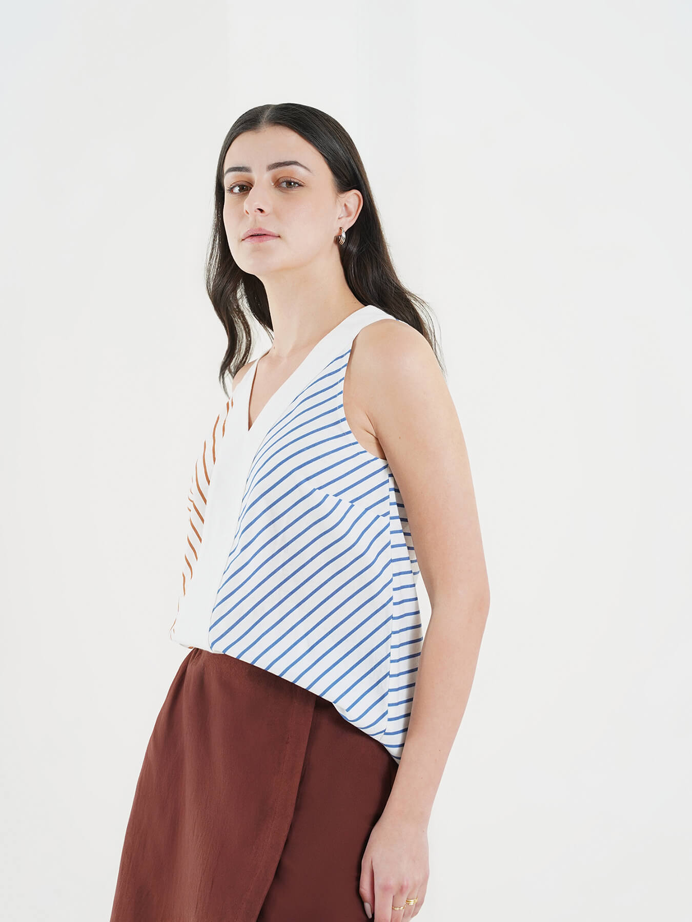 Cotton Striped V-Neck Top - Off White
