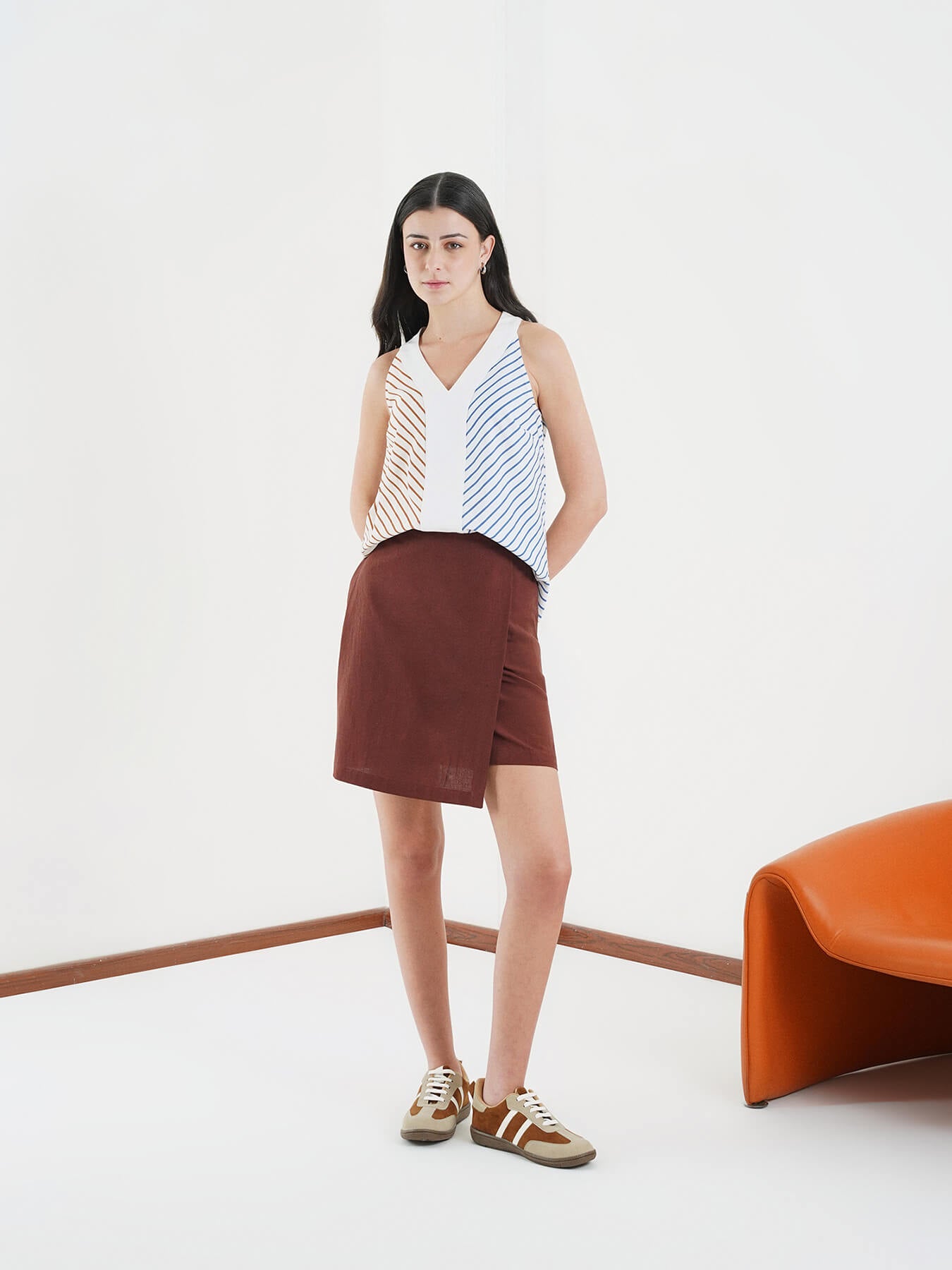 Cotton Striped V-Neck Top - Off White