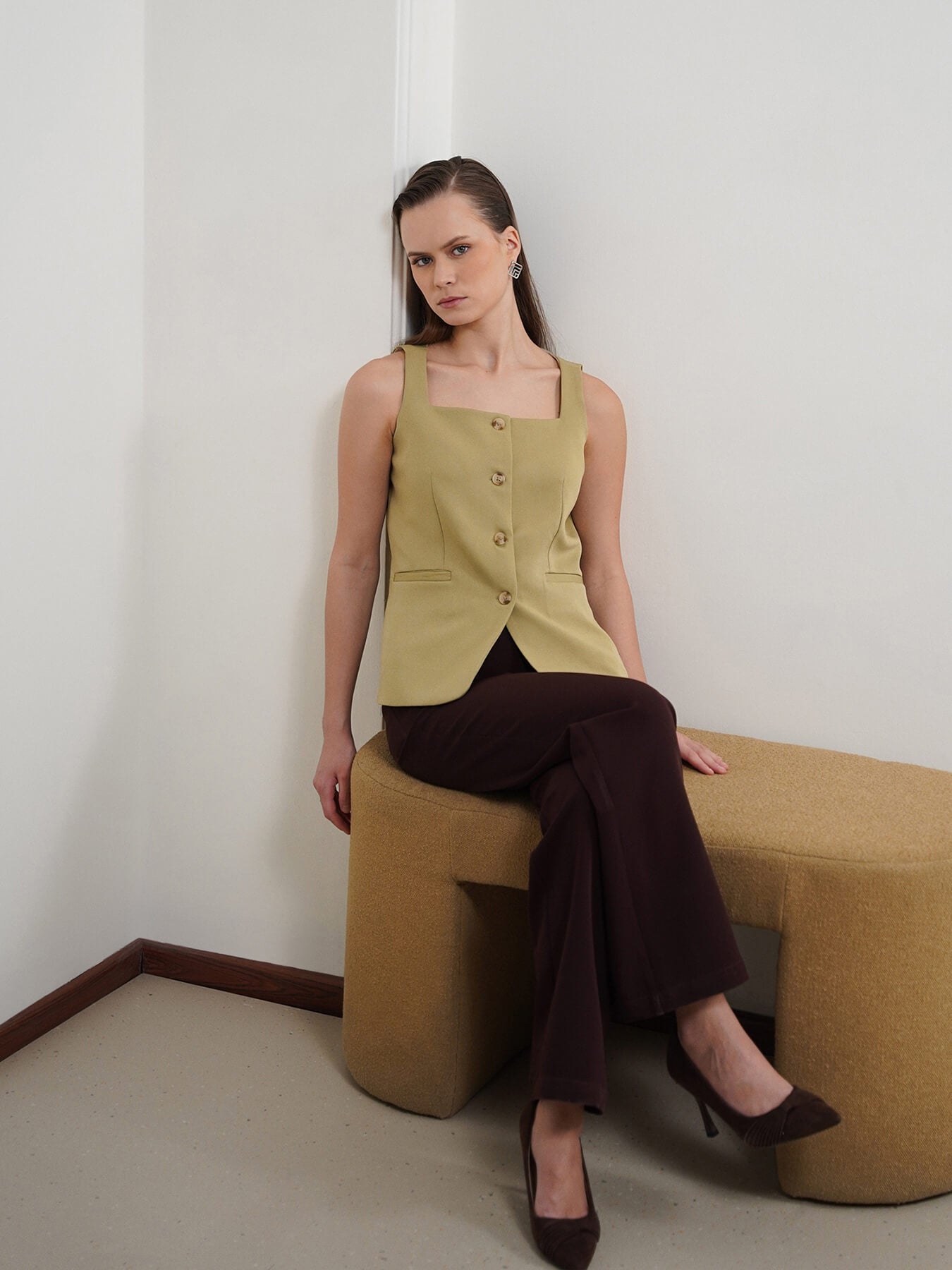 Square Neck Waistcoat - Olive