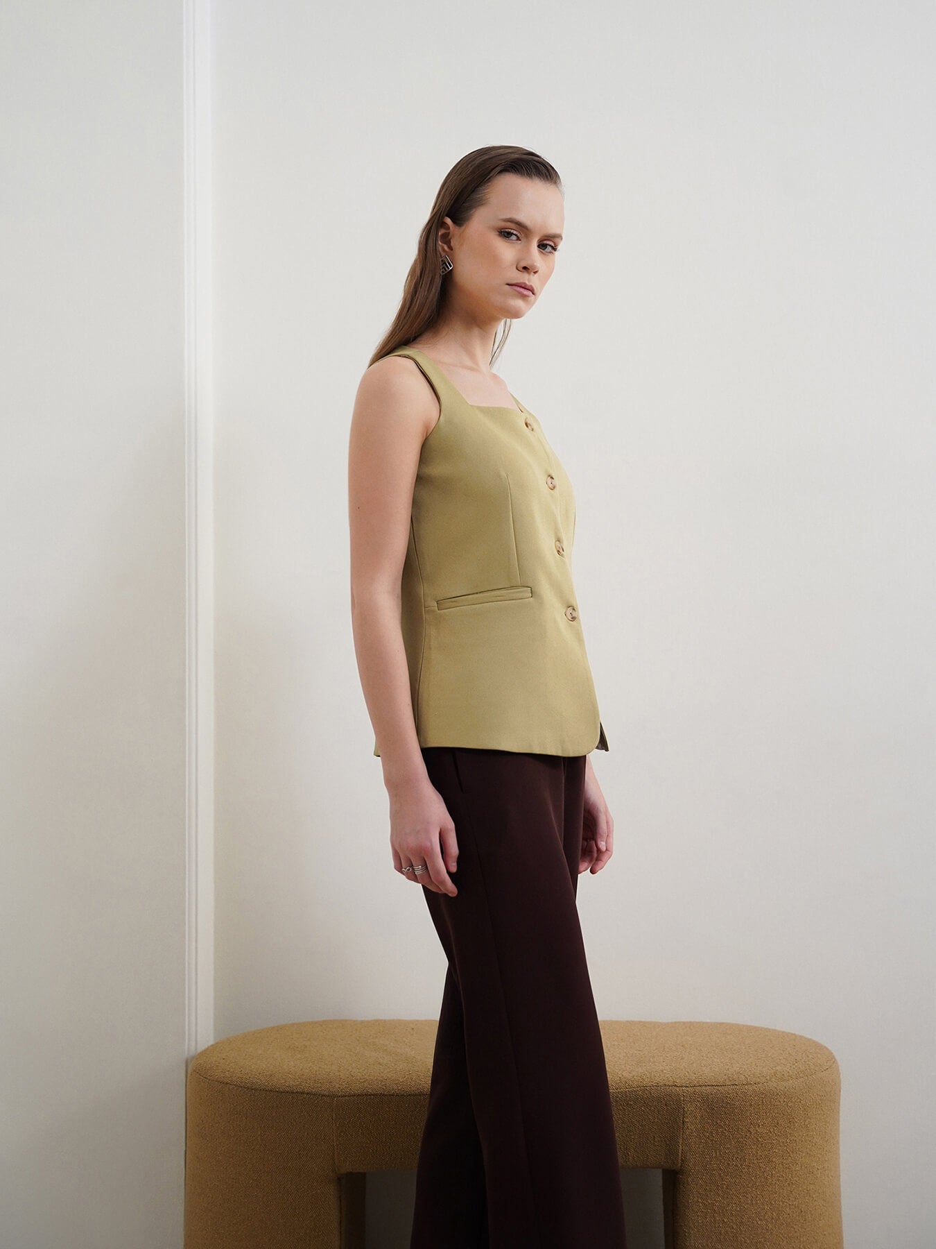 Square Neck Waistcoat - Olive