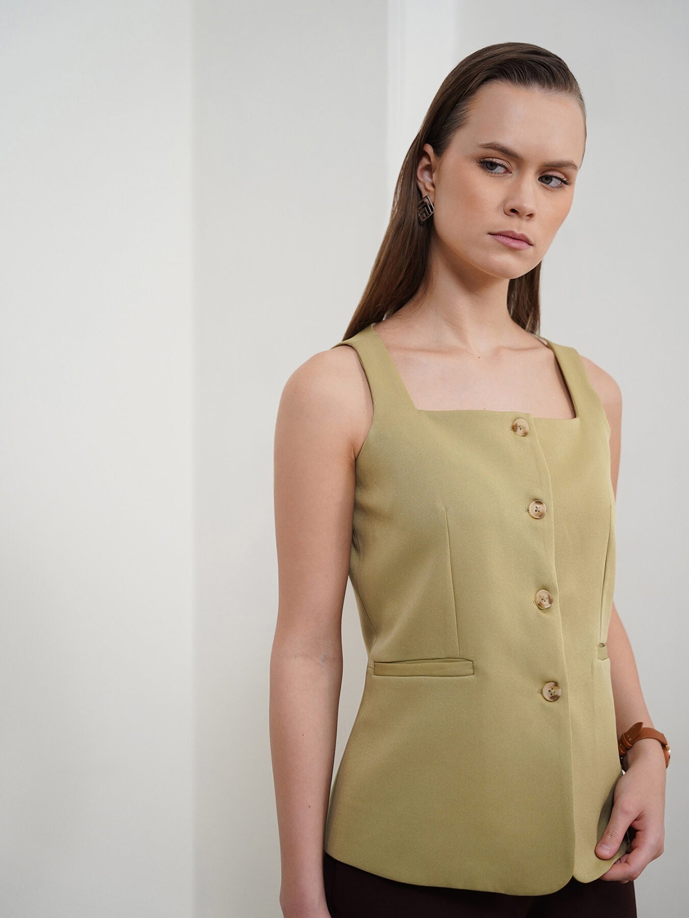 Square Neck Waistcoat - Olive