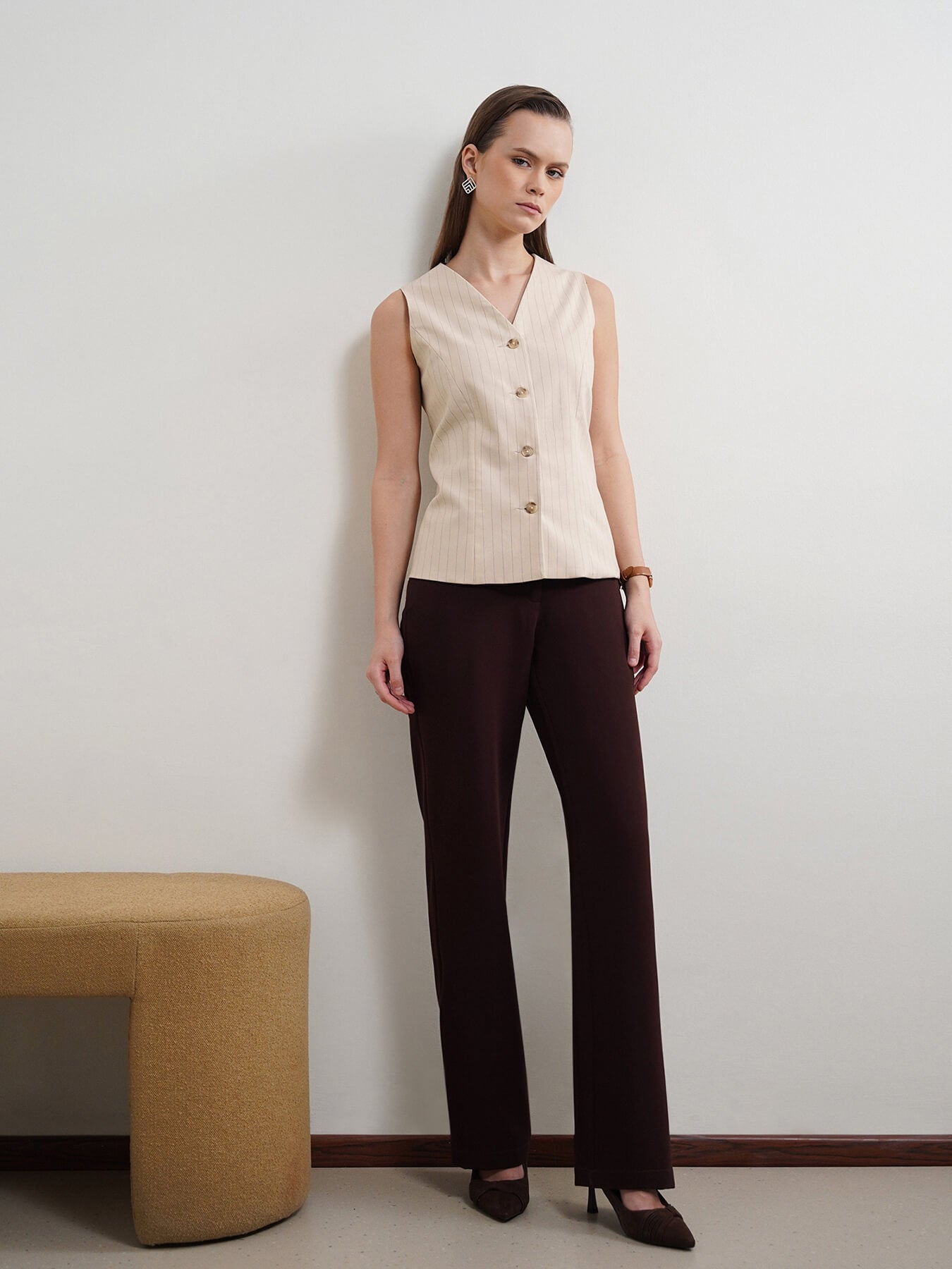 Striped V-Neck Waistcoat - Beige