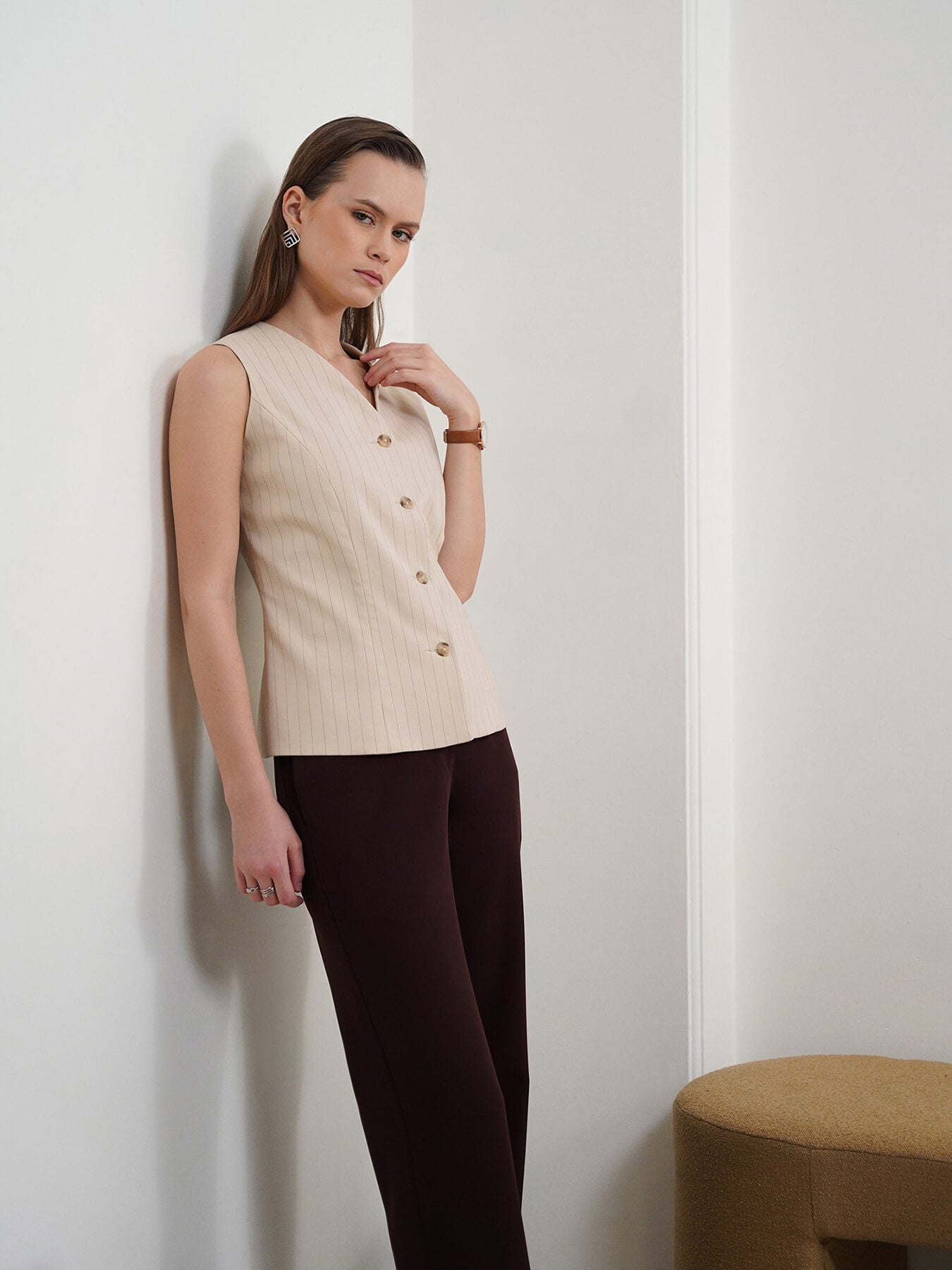 Striped V-Neck Waistcoat - Beige