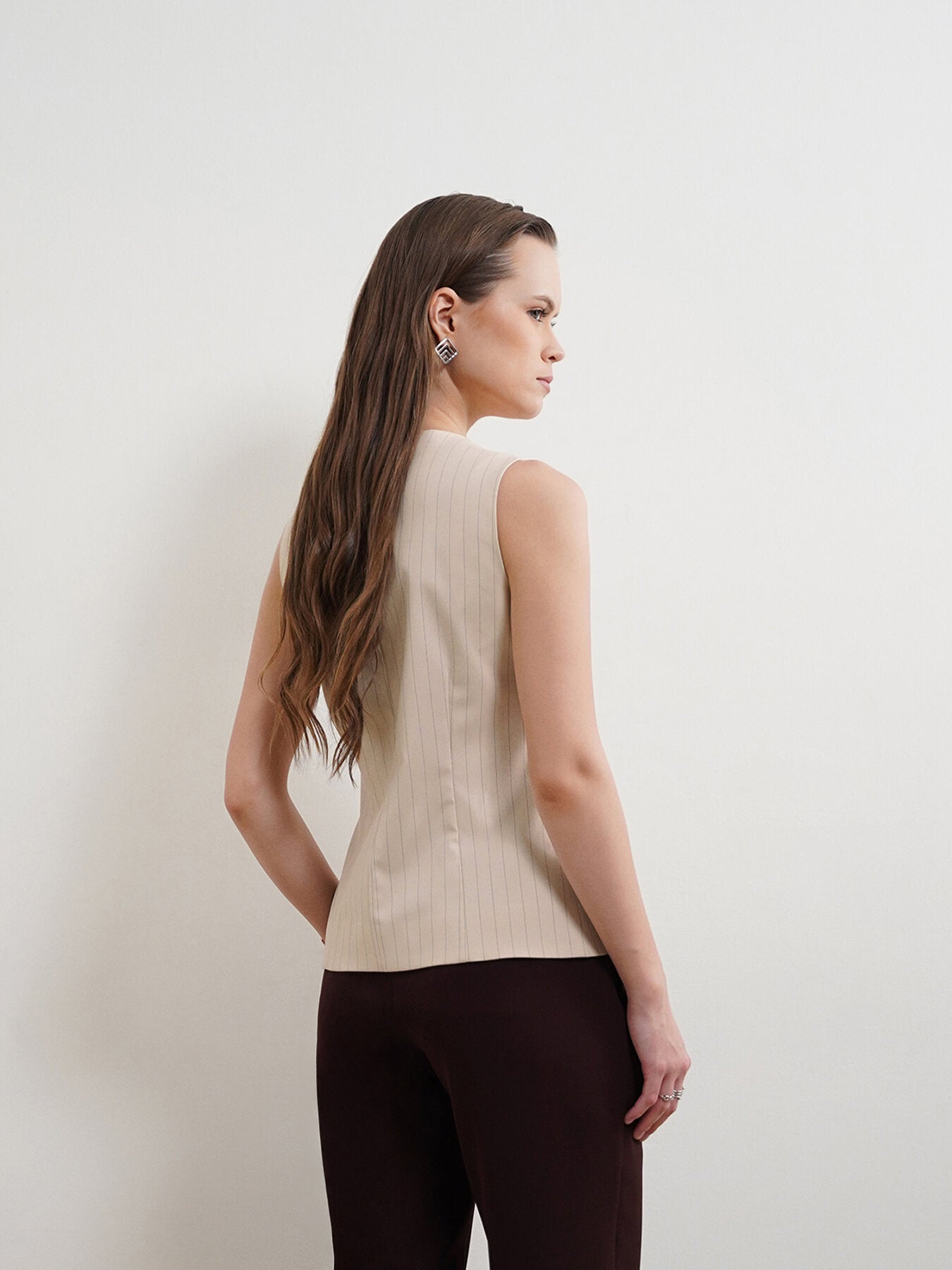 Striped V-Neck Waistcoat - Beige