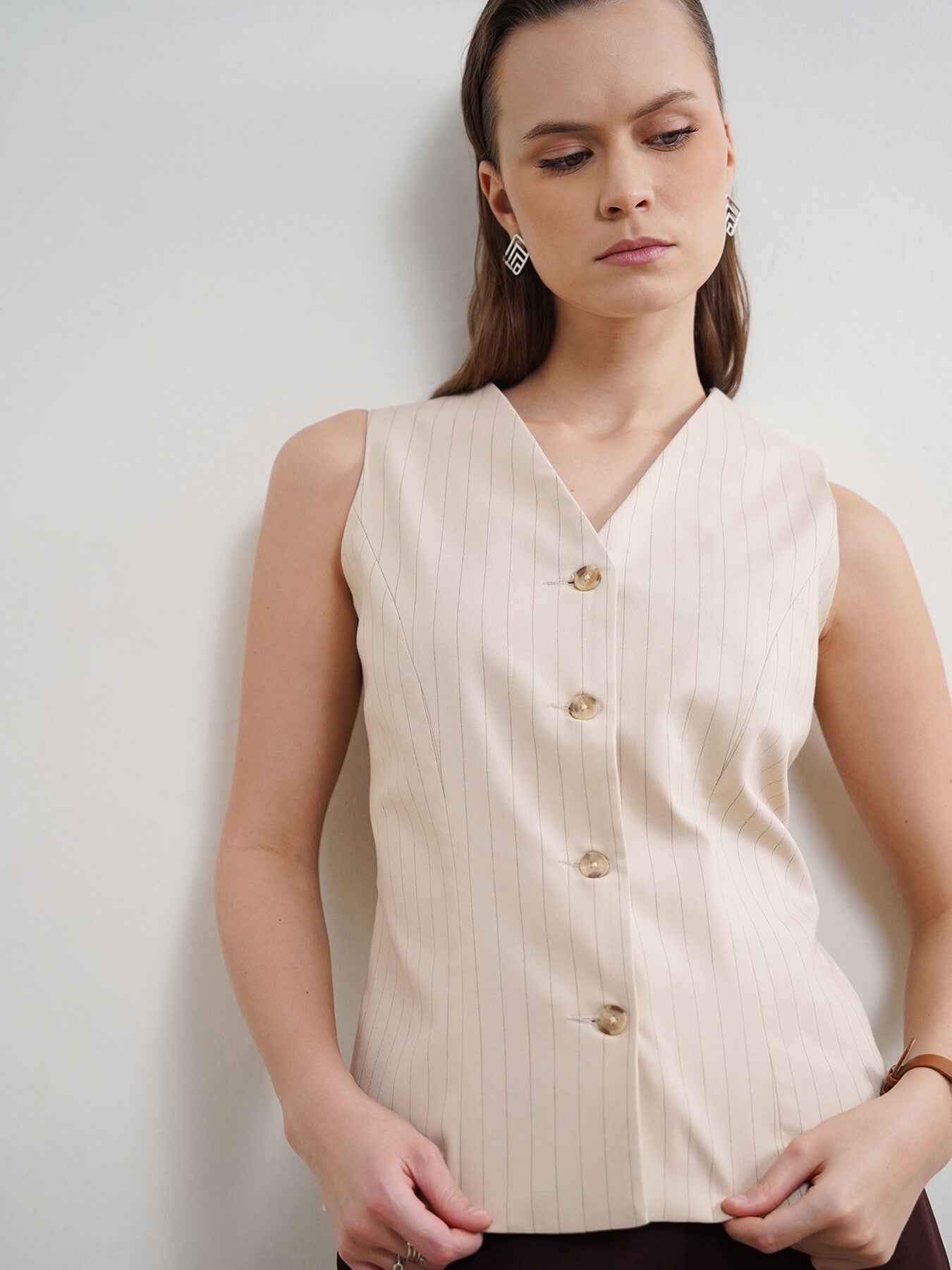 Striped V-Neck Waistcoat - Beige