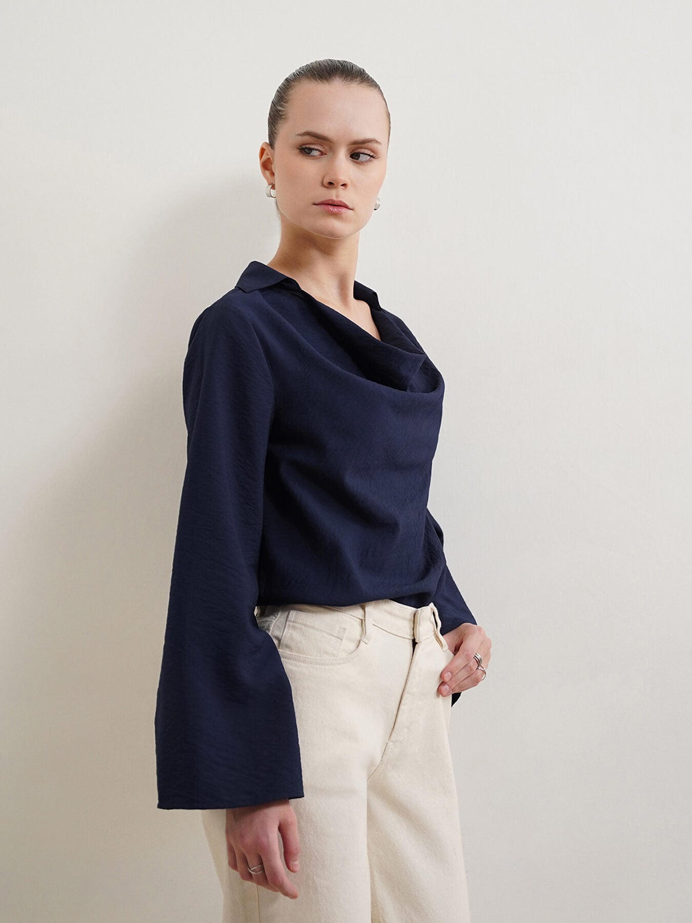 Viscose Cowl Neck Top - Navy Blue