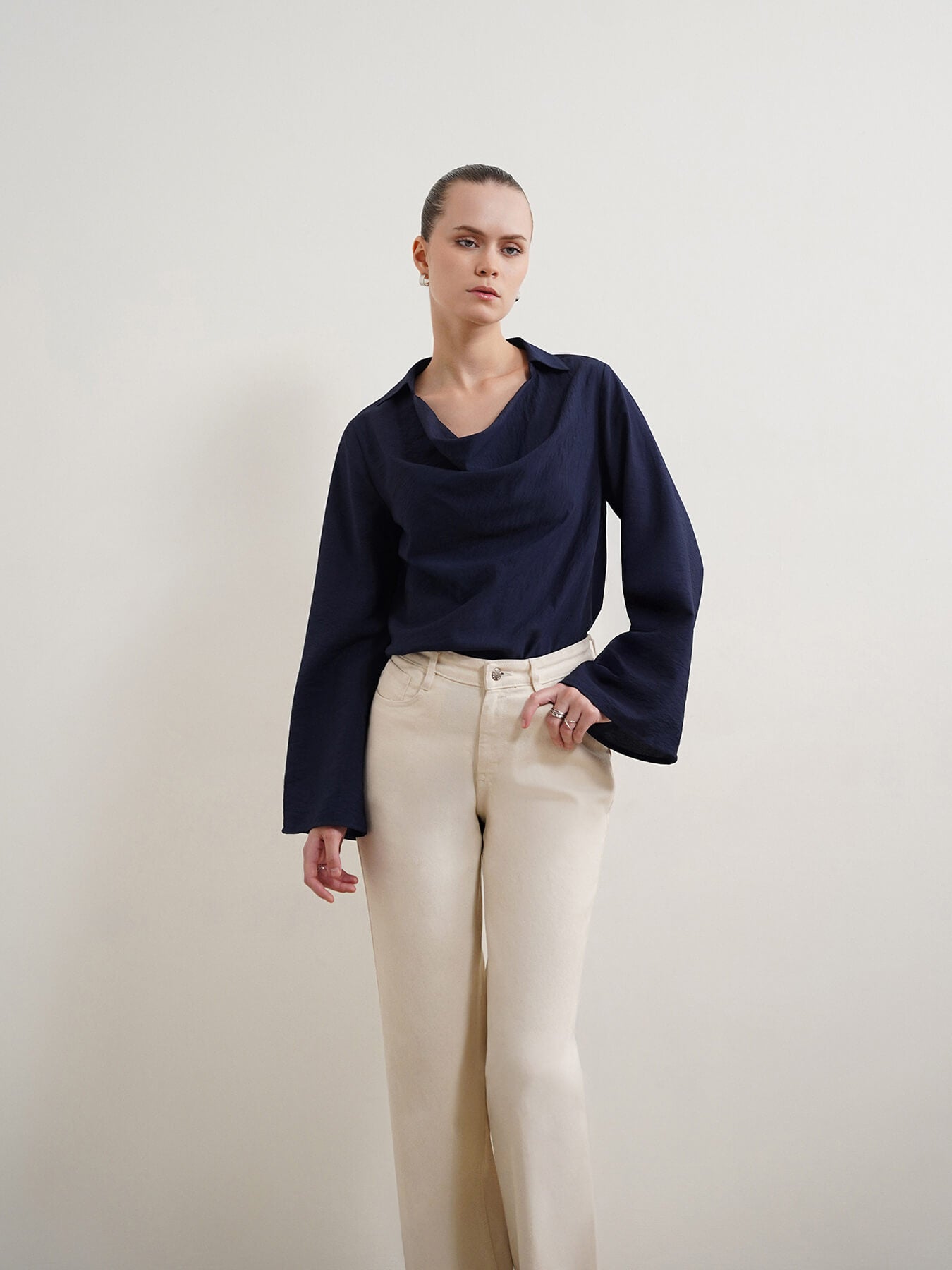 Viscose Cowl Neck Top - Navy Blue