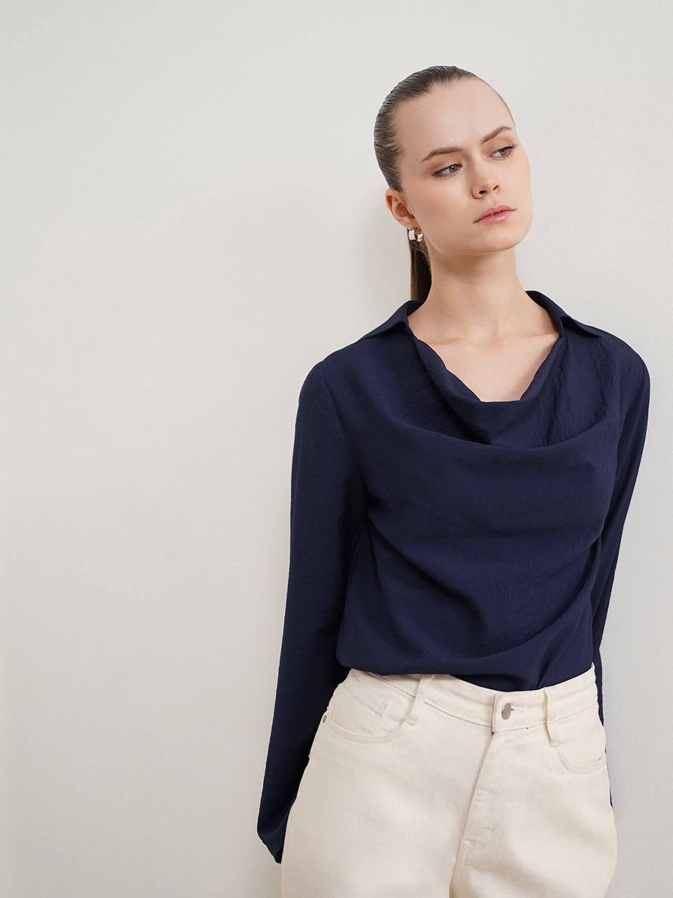 Viscose Cowl Neck Top - Navy Blue