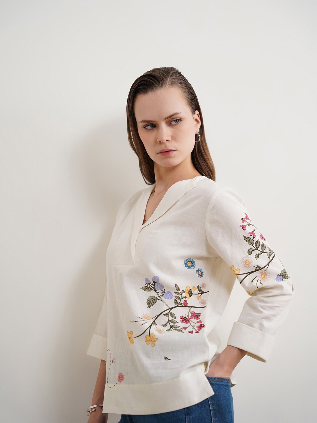 Pure Cotton Floral Top - Off White