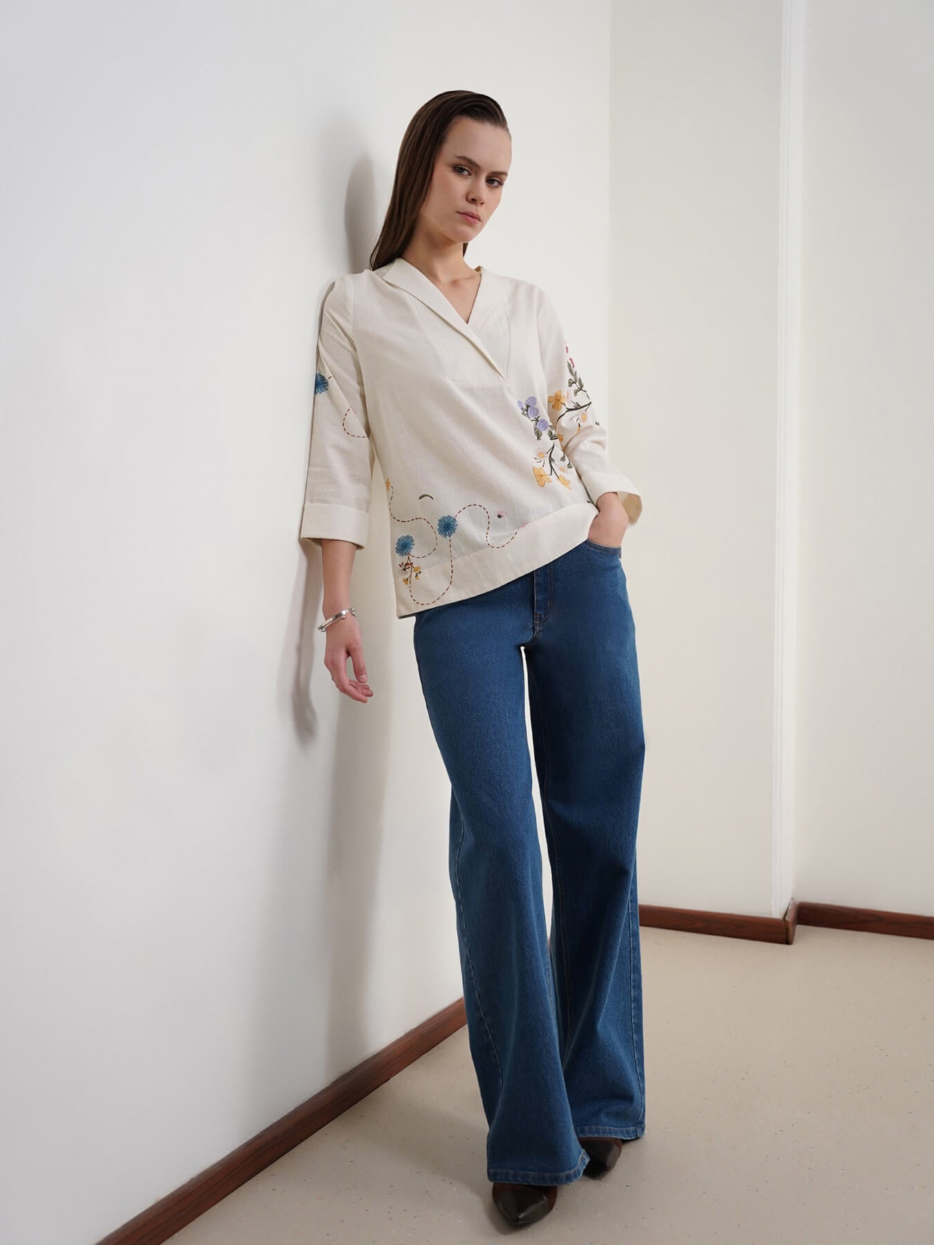 Pure Cotton Floral Top - Off White