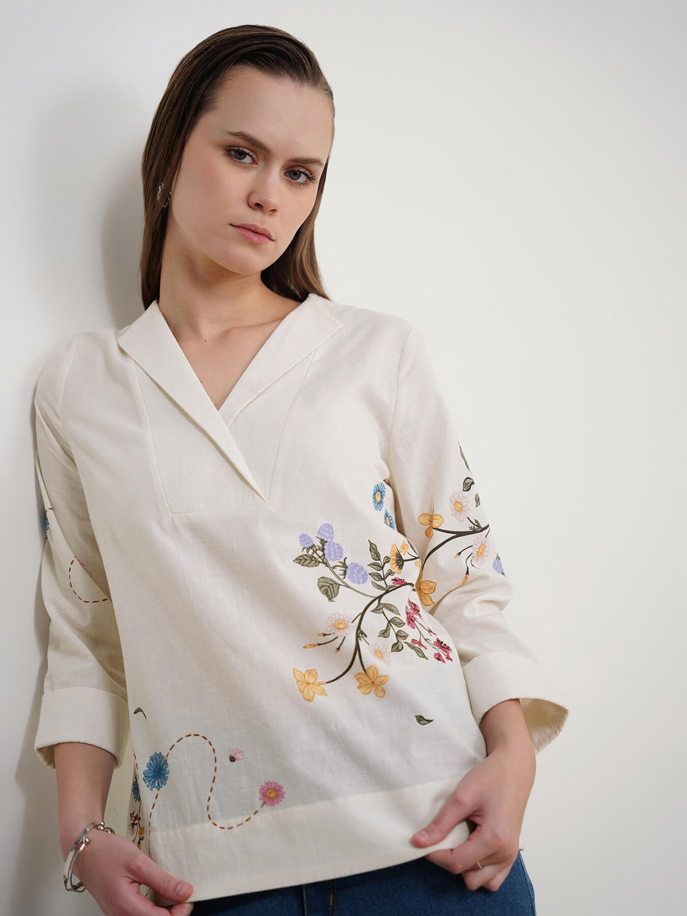 Pure Cotton Floral Top - Off White