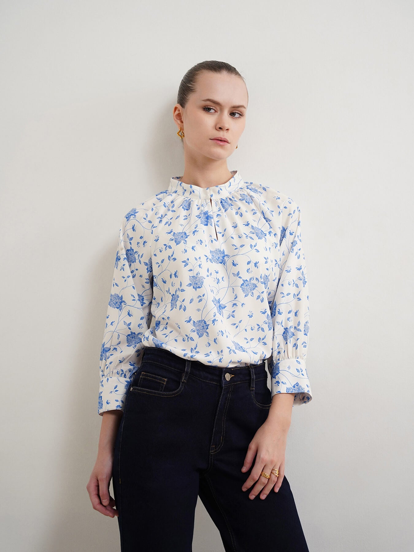 Floral Mandarin Collar Top - White