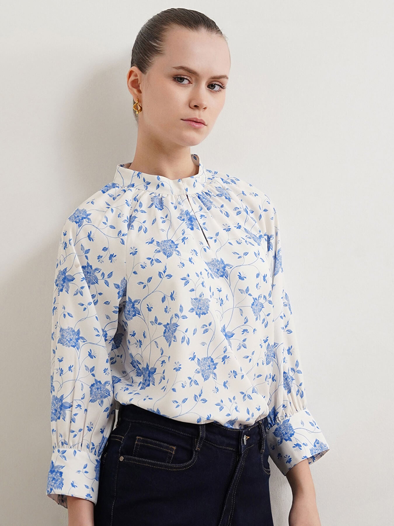 Floral Mandarin Collar Top - White