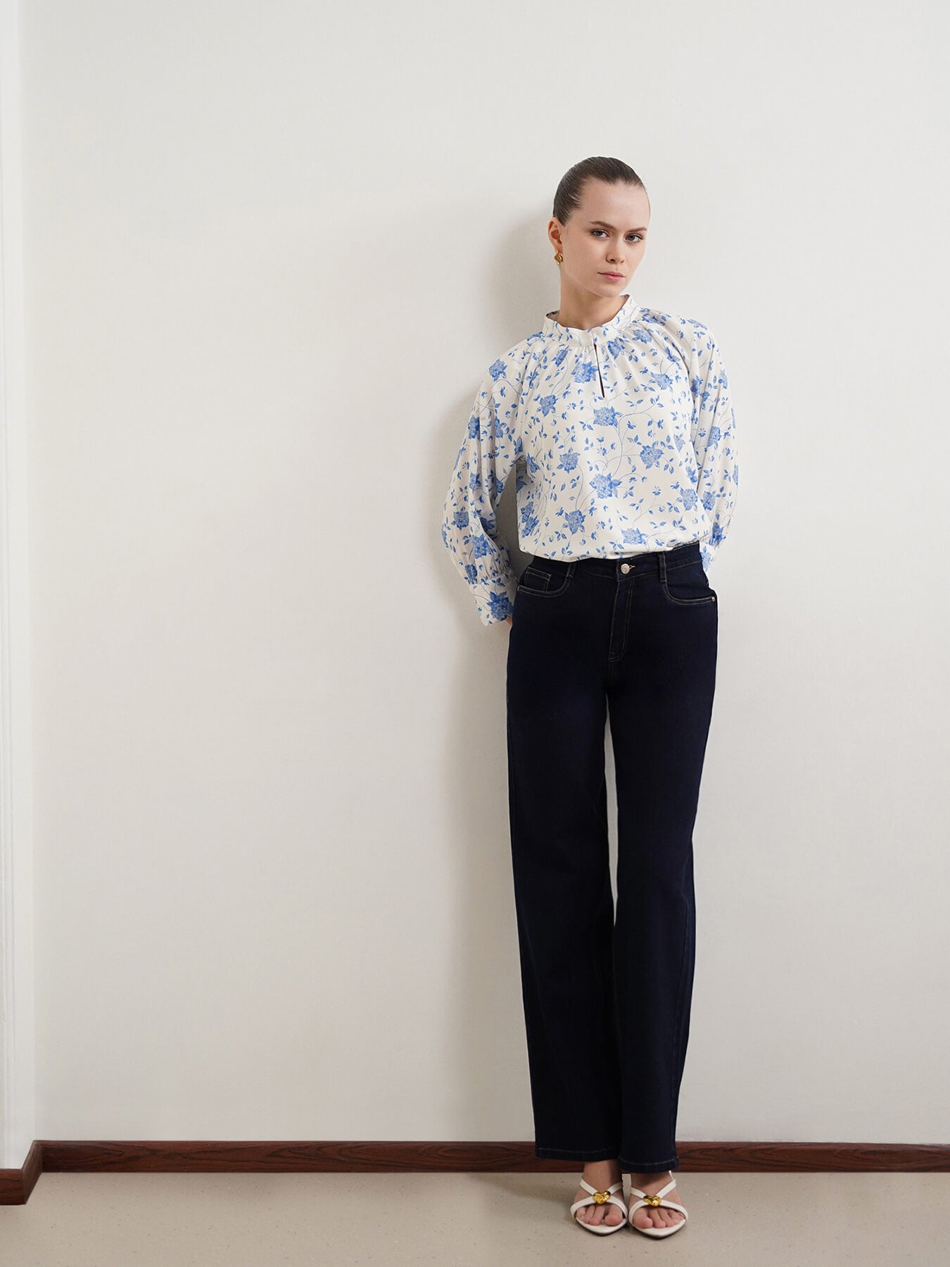 Floral Mandarin Collar Top - White