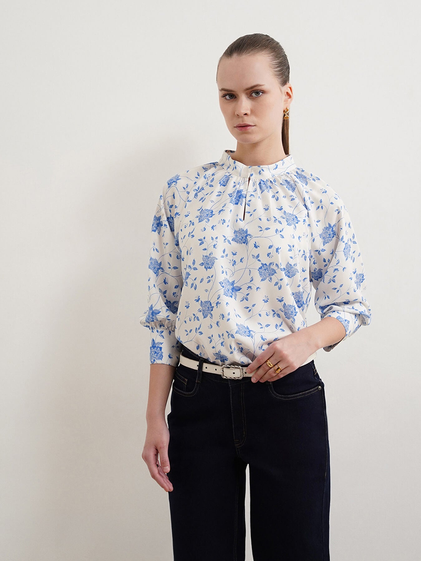 Floral Mandarin Collar Top - White
