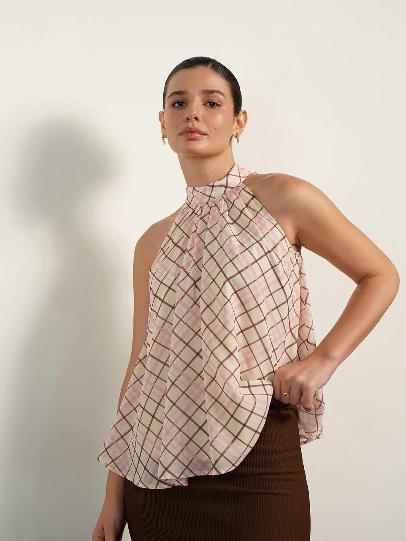 Checkered Halter Neck Top - Off-white