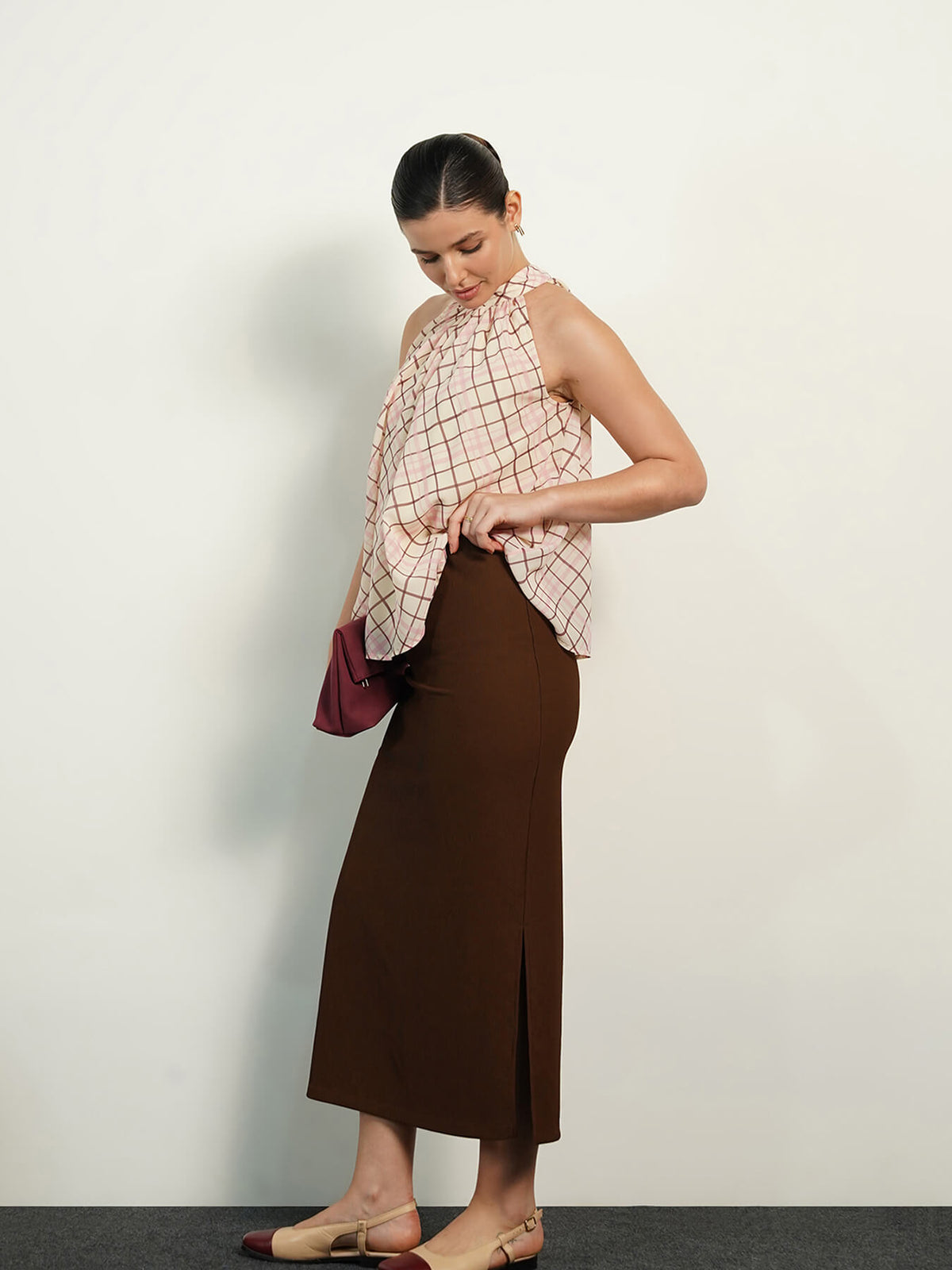 Checkered Halter Neck Top - Off-white
