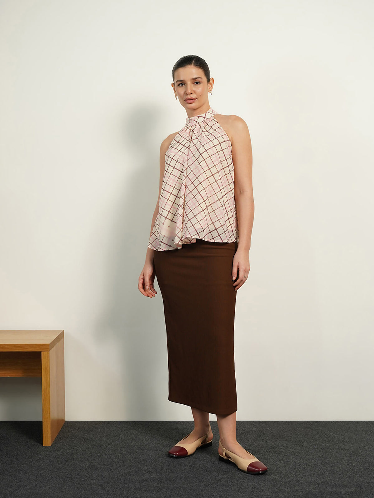 Checkered Halter Neck Top - Off-white
