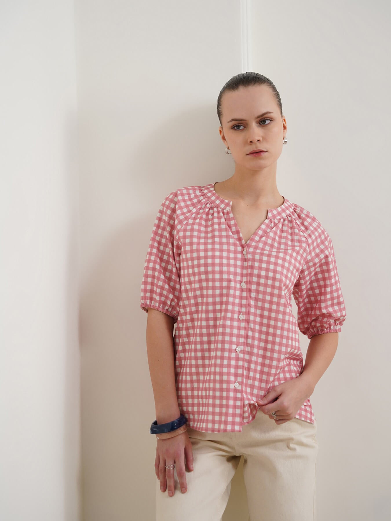 Pure Cotton Checkered Top - Pink