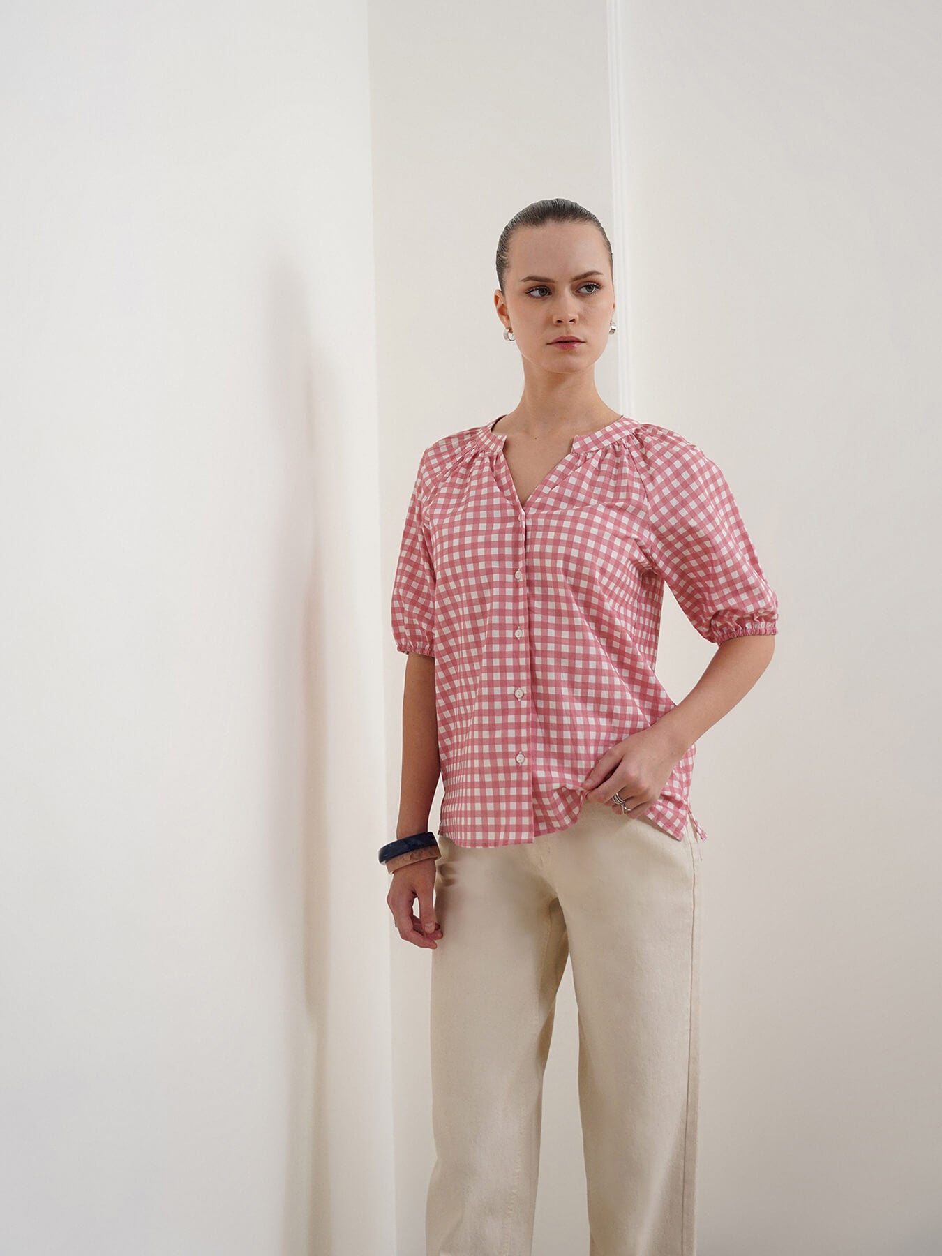 Pure Cotton Checkered Top - Pink