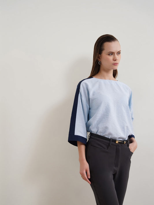Viscose Colourblocked Boxy Top - Light Blue