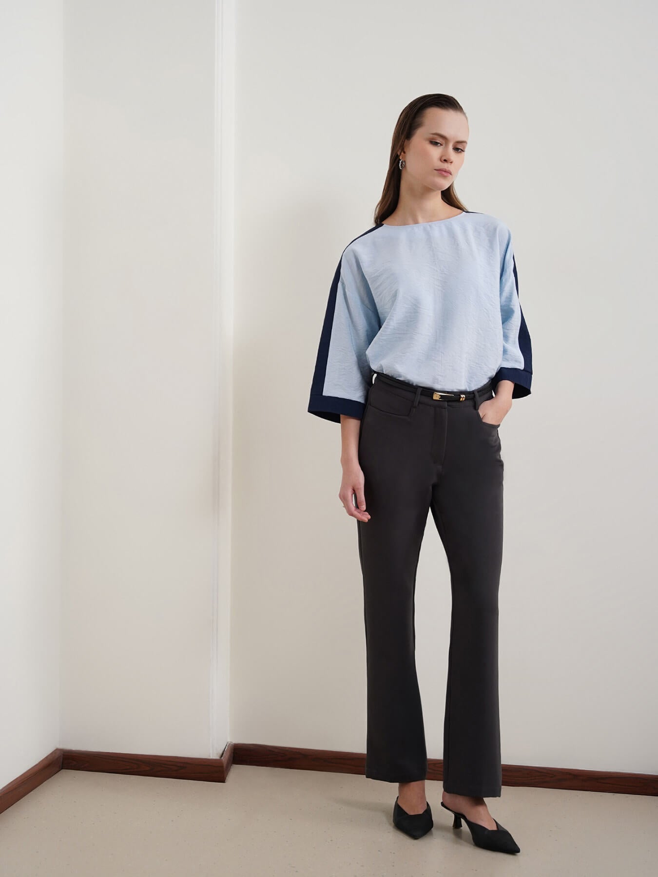 Viscose Colourblocked Boxy Top - Light Blue