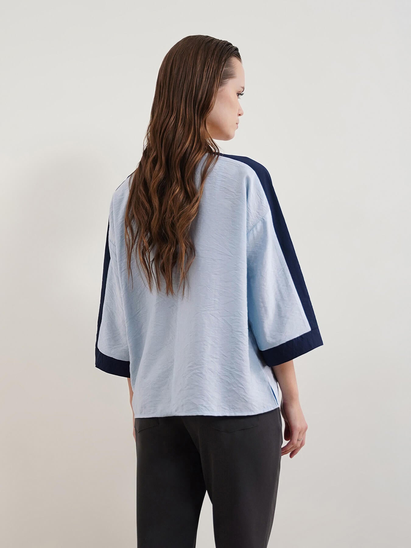 Viscose Colourblocked Boxy Top - Light Blue