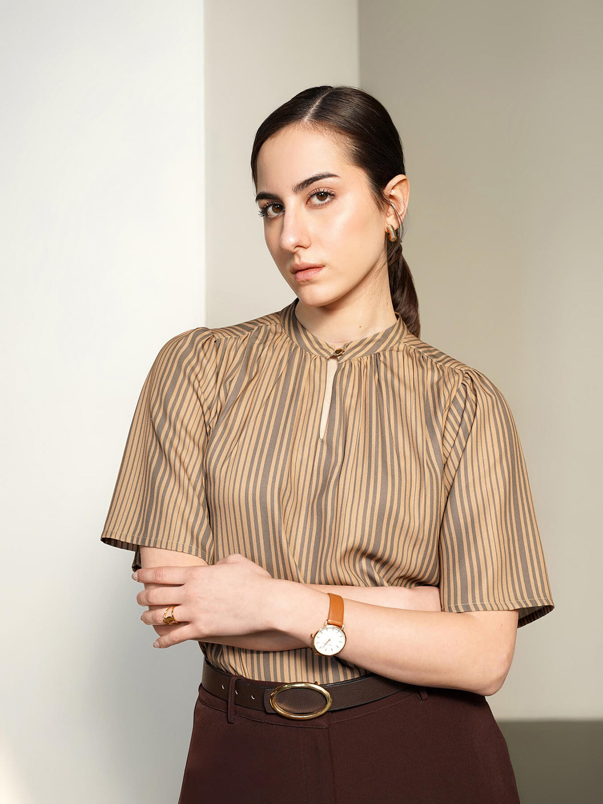 Striped Mandarin Collar Top - Beige