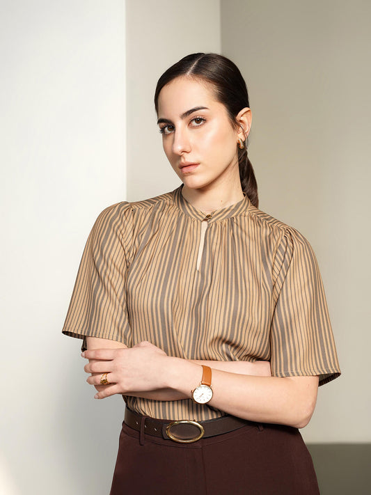 Striped Mandarin Collar Top - Beige