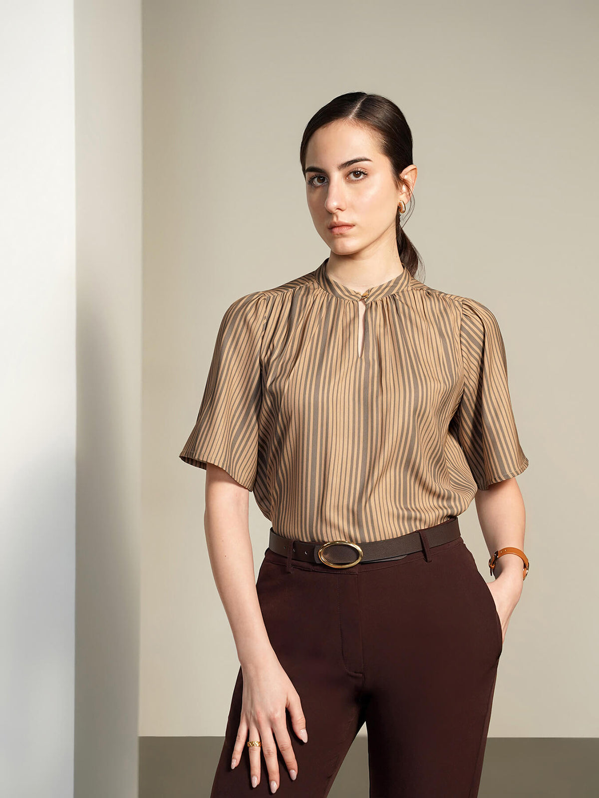 Striped Mandarin Collar Top - Beige