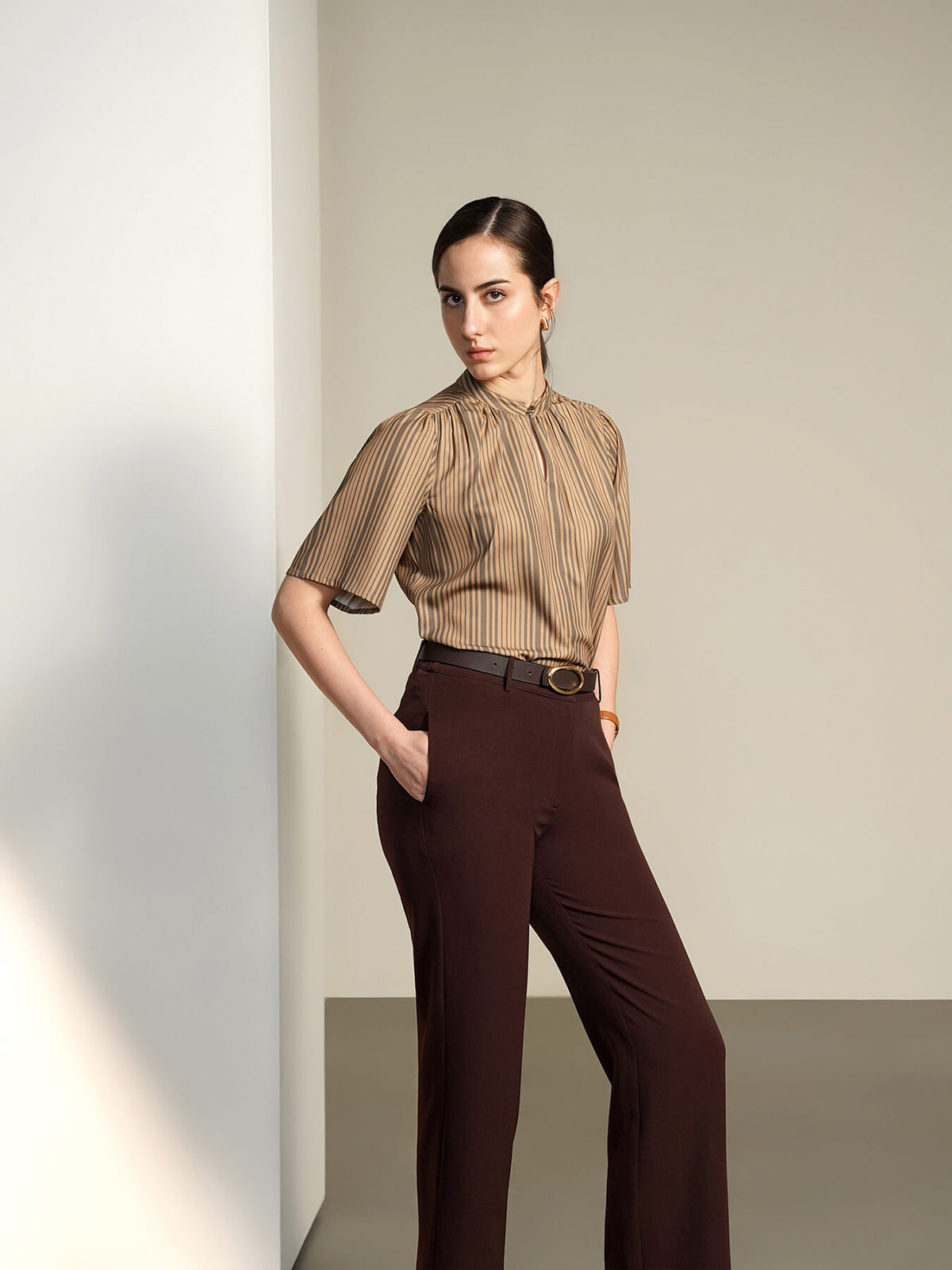 Striped Mandarin Collar Top - Beige