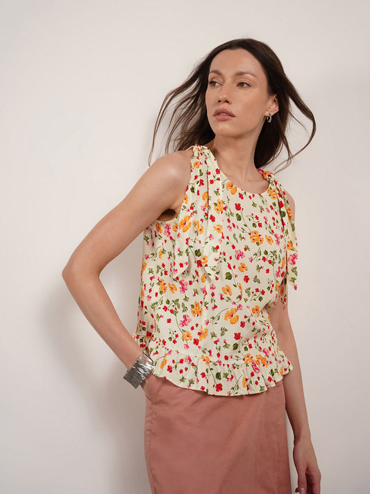 Floral Tie-Up Top - Off White