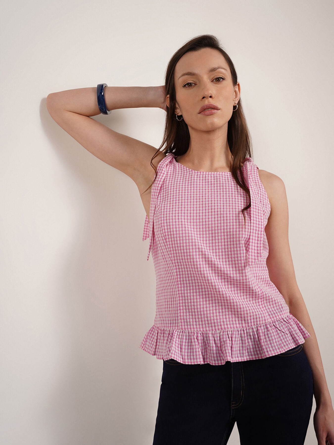 Cotton Checkered Tie-Up Top - Pink