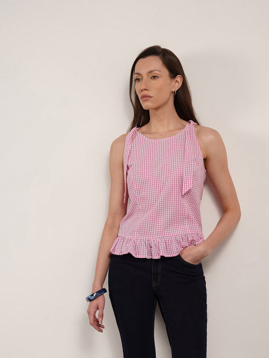 Cotton Checkered Tie-Up Top - Pink