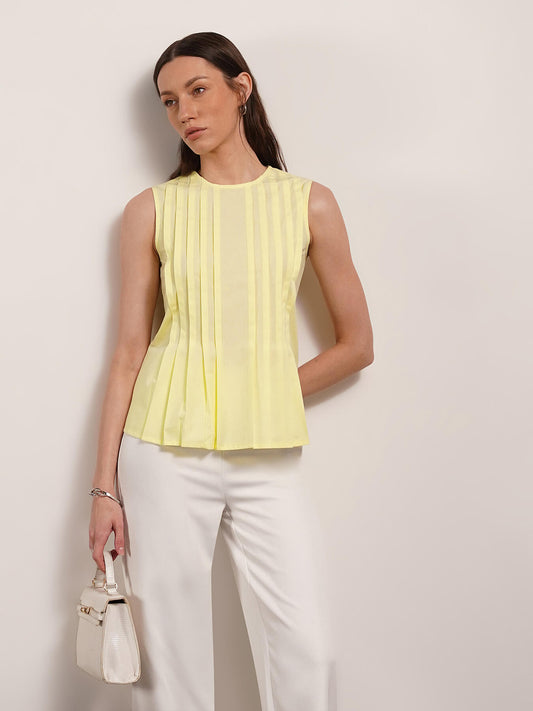 Pleated Round Neck Top - Yellow