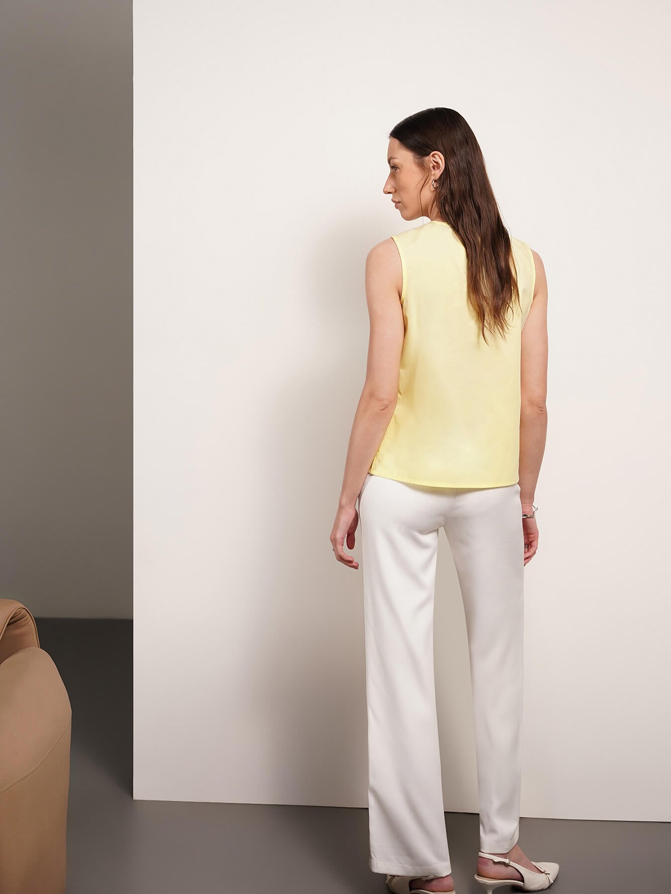 Pleated Round Neck Top - Yellow