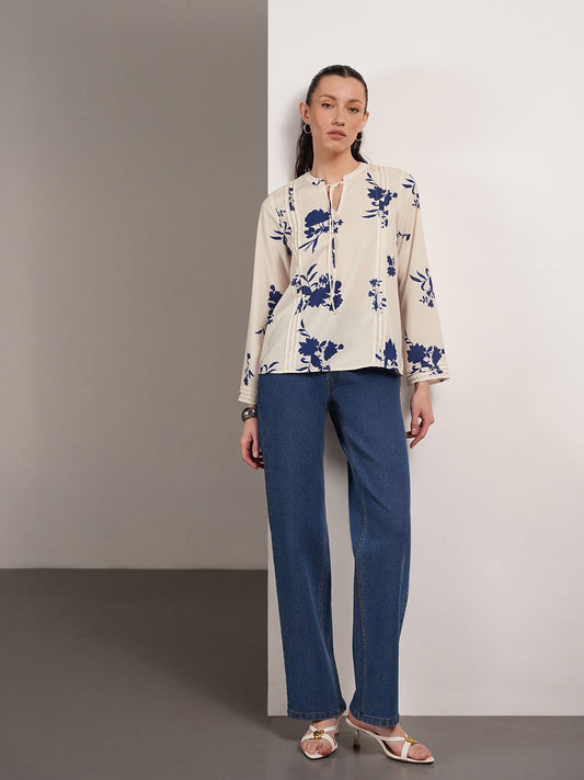 Floral Mandarin Collar Top - Blue
