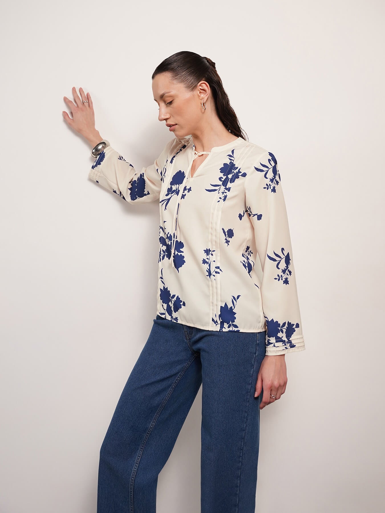 Floral Mandarin Collar Top - Blue
